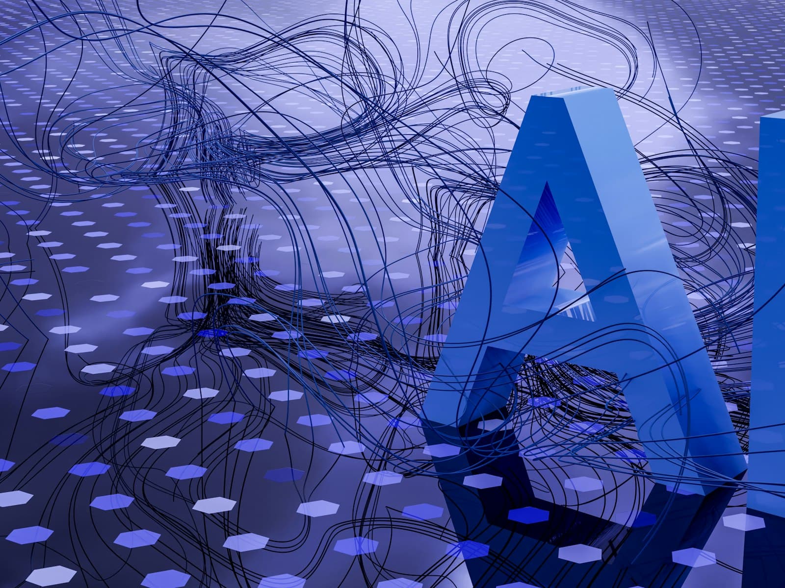 The letters AI rendered in blue over a network of connected nodes